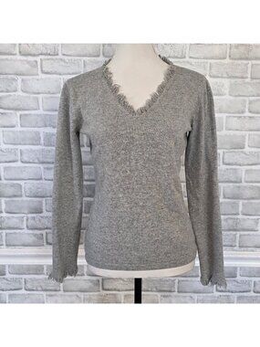 Harolds Grey Silk Angora Cashmere Luxury Fringe V-Neck Sweater M Heritage Staple